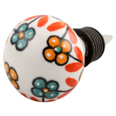 Sea Green And Mustard Tiny Flower Ceramic Wine Stopper